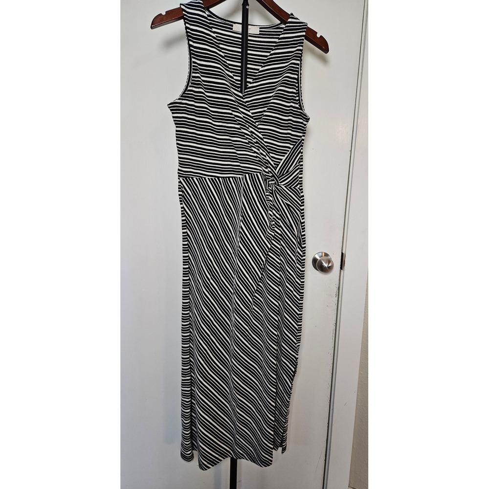 LOFT Maxi Dress Womens S Black White Striped‎ Faux Wrap V-Neck Knit Minimalist